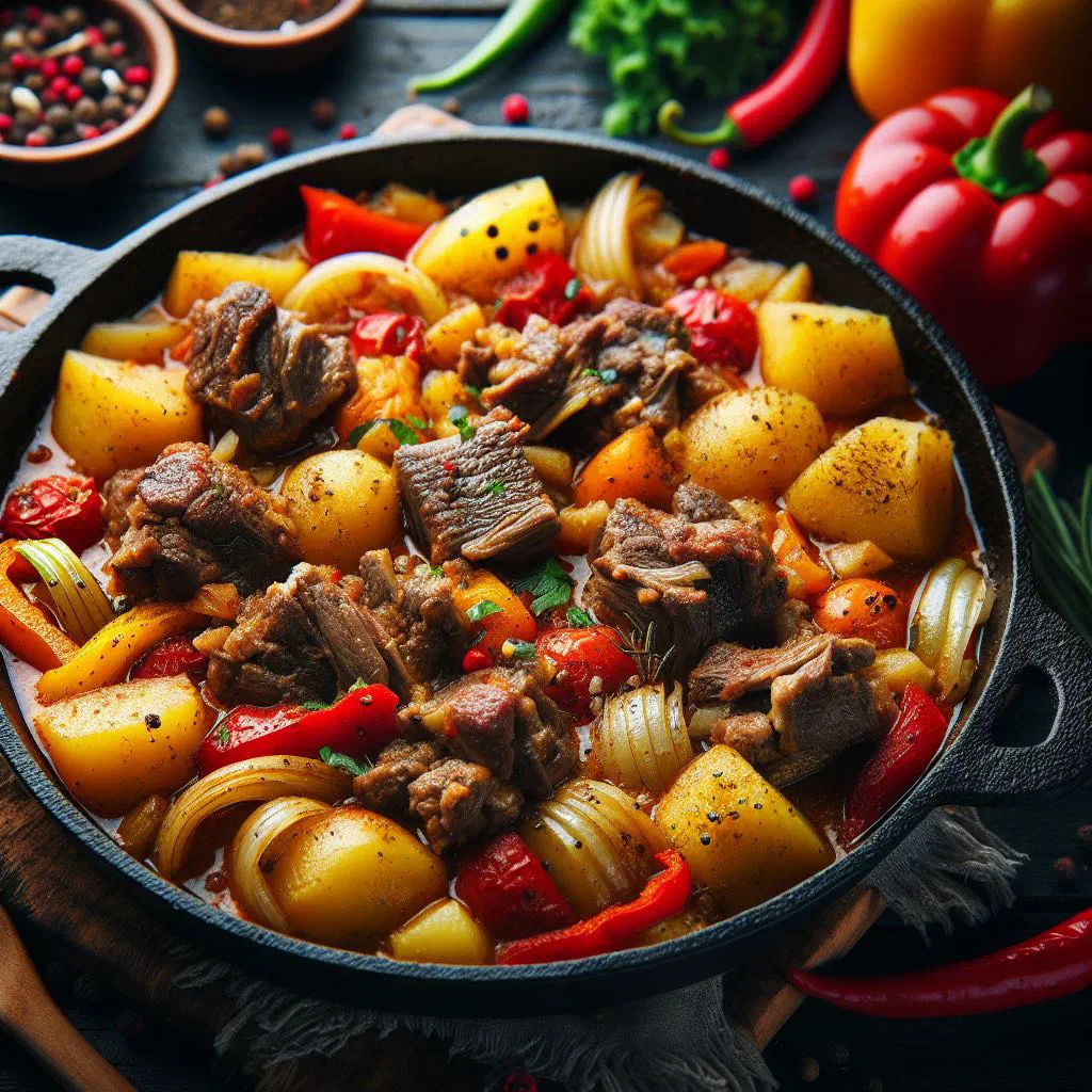 Braised lamb with vegetables and tomatoes garnished with parsley