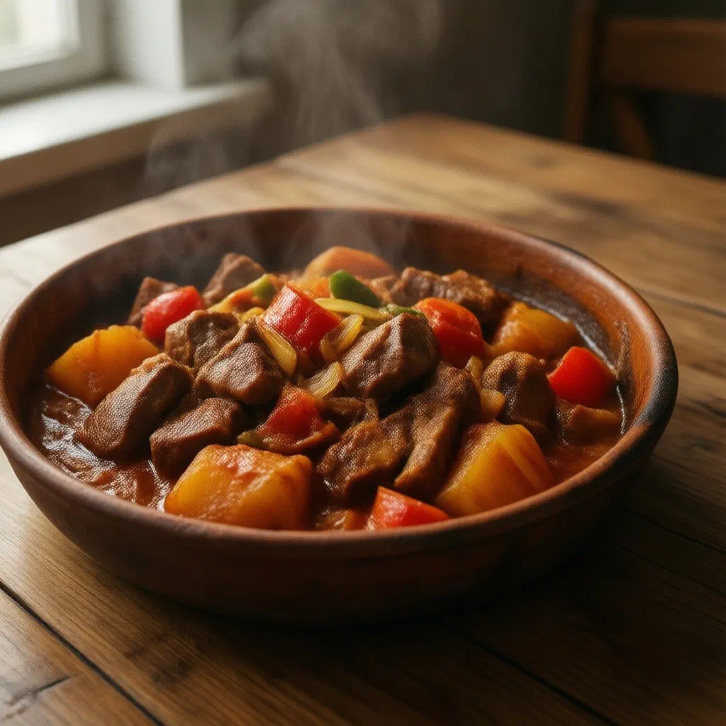 Tave Dheu casserole with tender meat, potatoes and tomato baked in a clay pot
