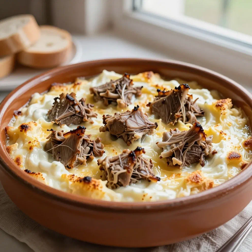 Golden-topped Albanian tavë kosi with tender lamb baked in a creamy yoghurt sauce