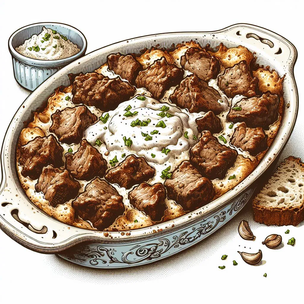 Golden-topped Albanian tavë kosi with tender lamb baked in a creamy yoghurt sauce