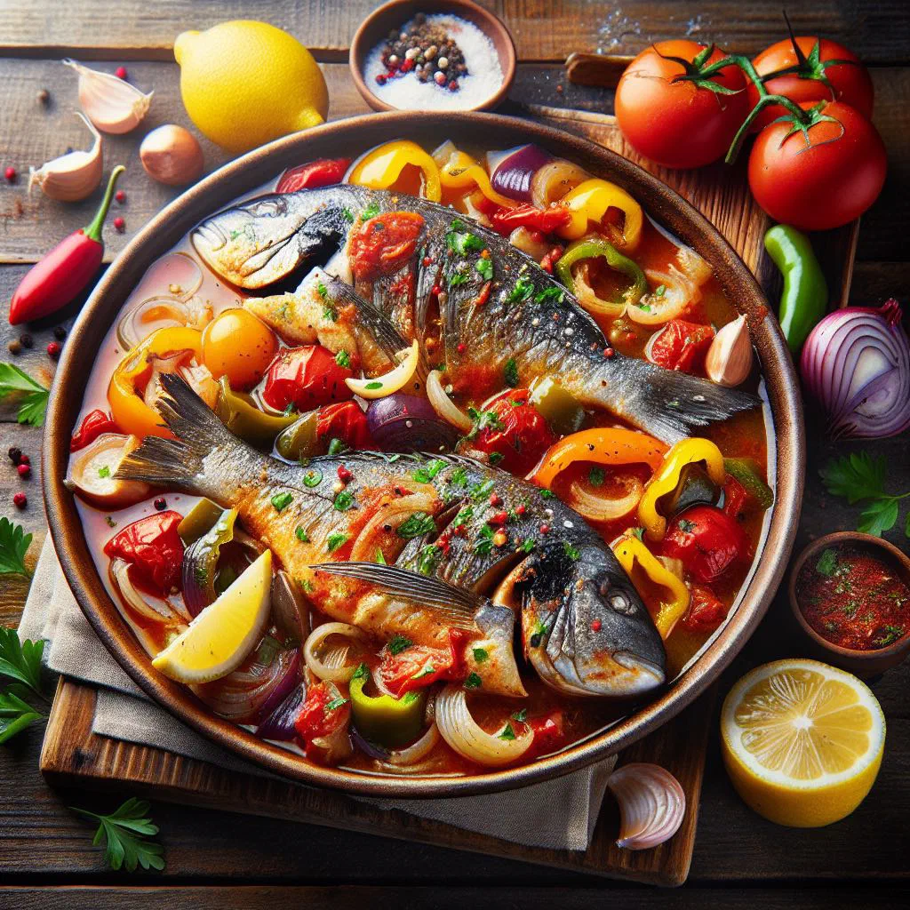 Albanian baked fish with potatoes and creamy herb sauce in a clay pot