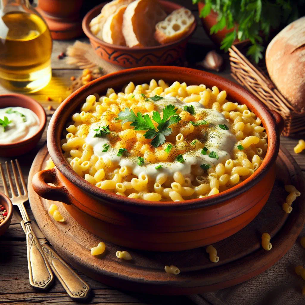 Bowl of creamy Albanian trahana e gatuar garnished with fresh herbs