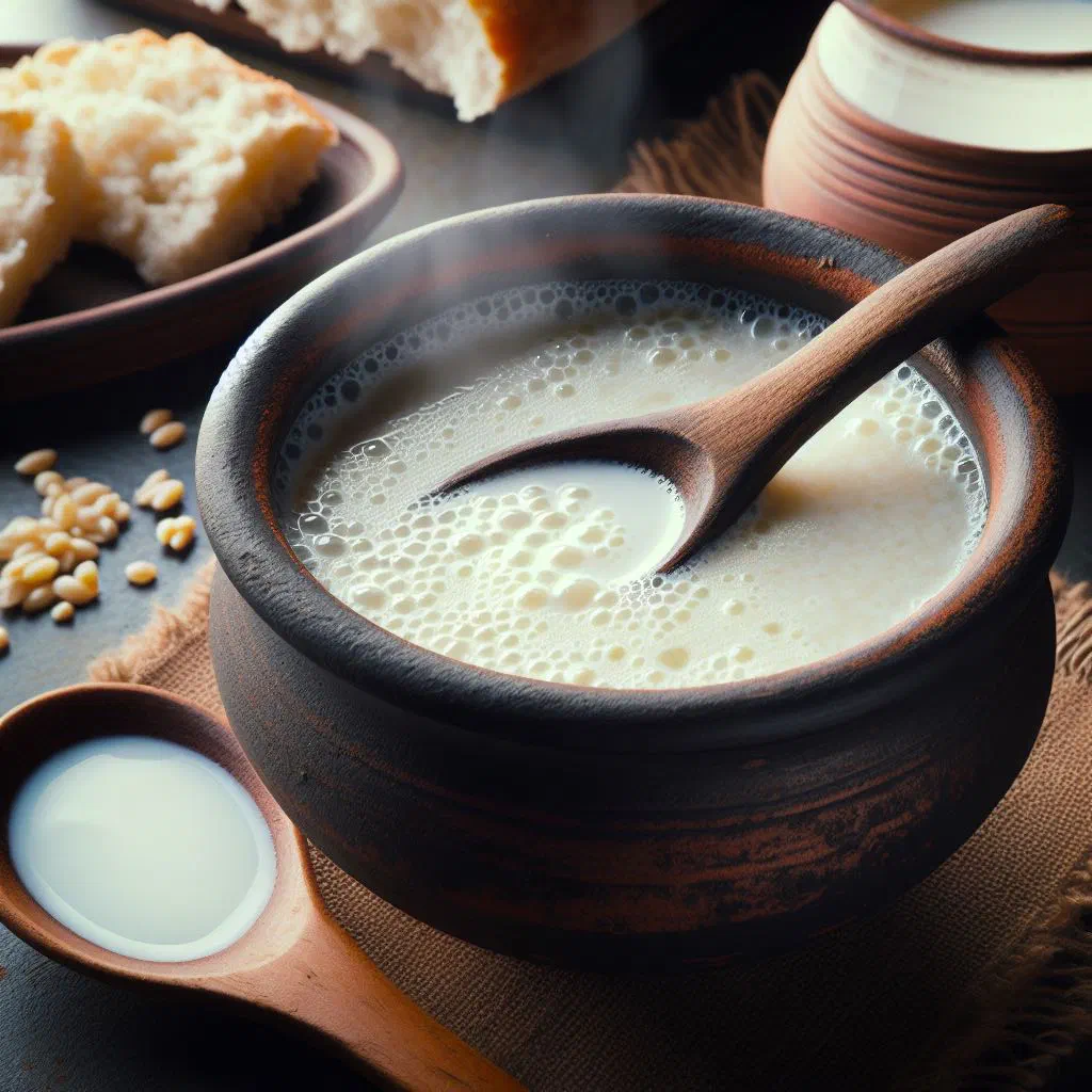 Bowl of creamy Albanian trahana cooked in milk, garnished with fresh herbs