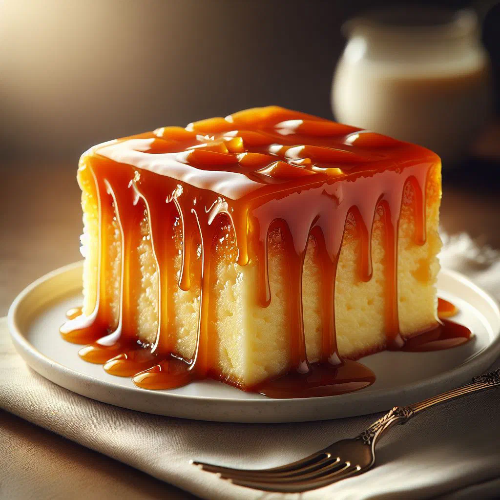 A slice of trileçe three-milk cake topped with a soft cream layer