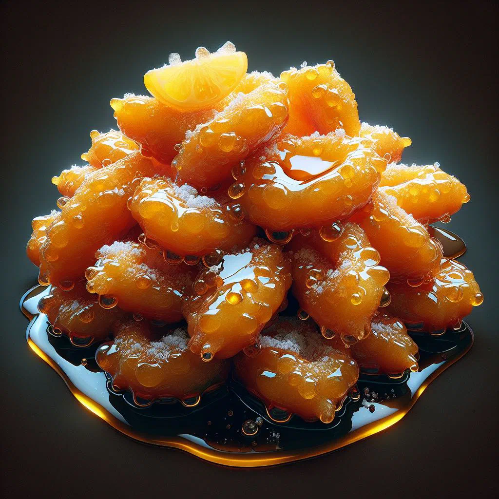 Golden fried tullumba pastries glistening in sweet syrup