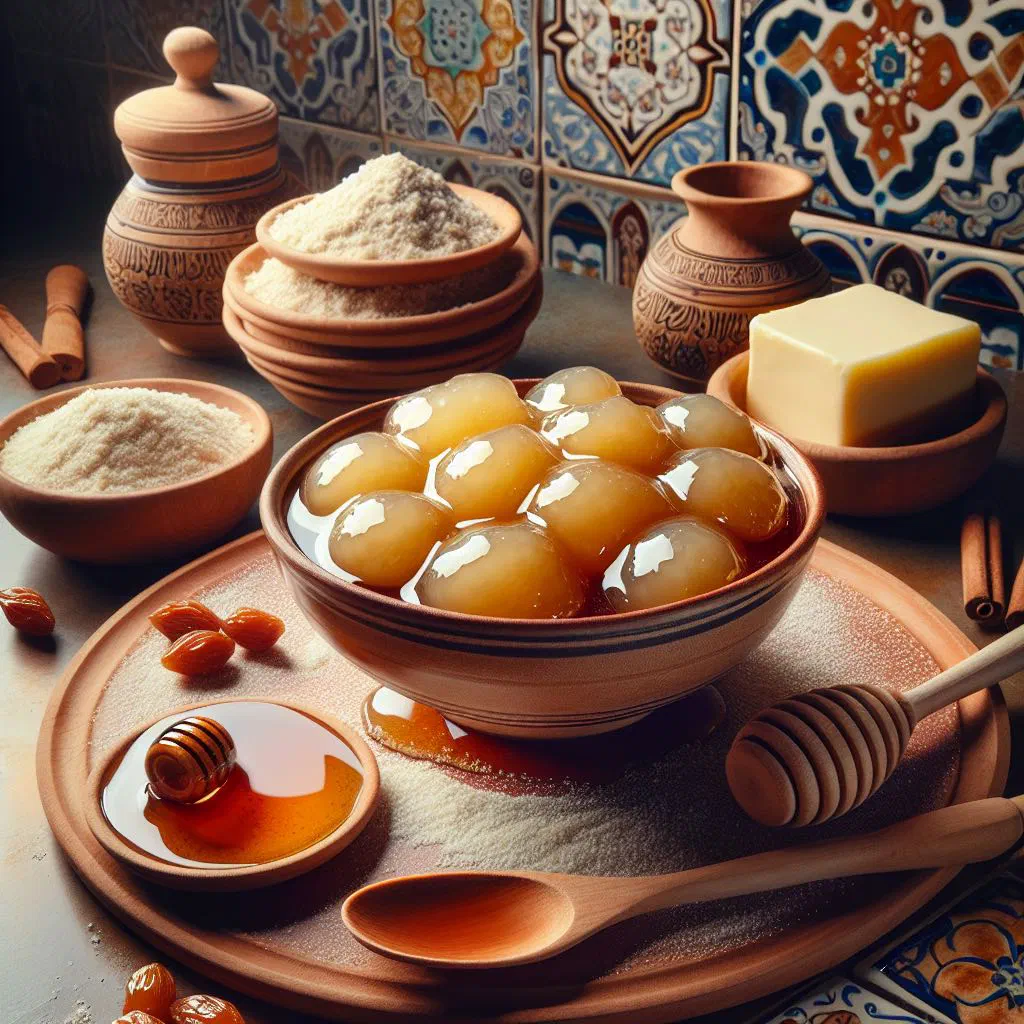 Bowl of Algerian asida drizzled with honey and melted butter