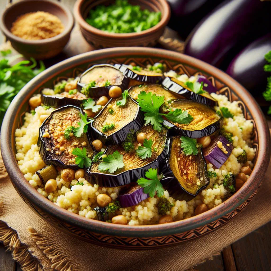 Fluffy couscous topped with braised aubergine, tomato and fresh herbs