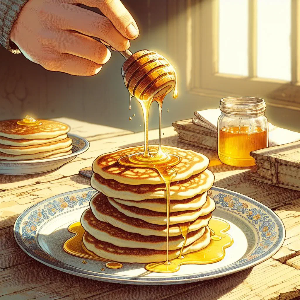Stack of thousand-hole baghrir pancakes drizzled with warm honey