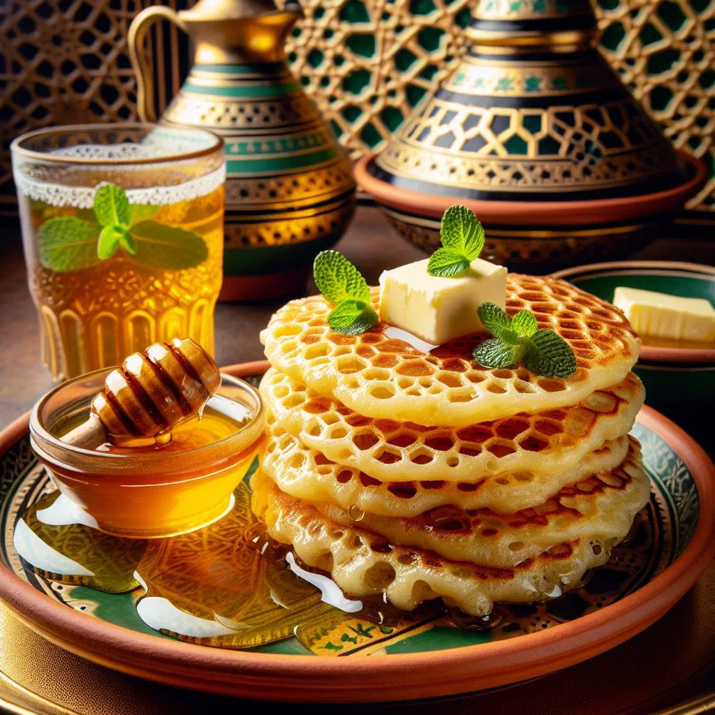 Stack of golden baghrir pancakes drizzled with honey
