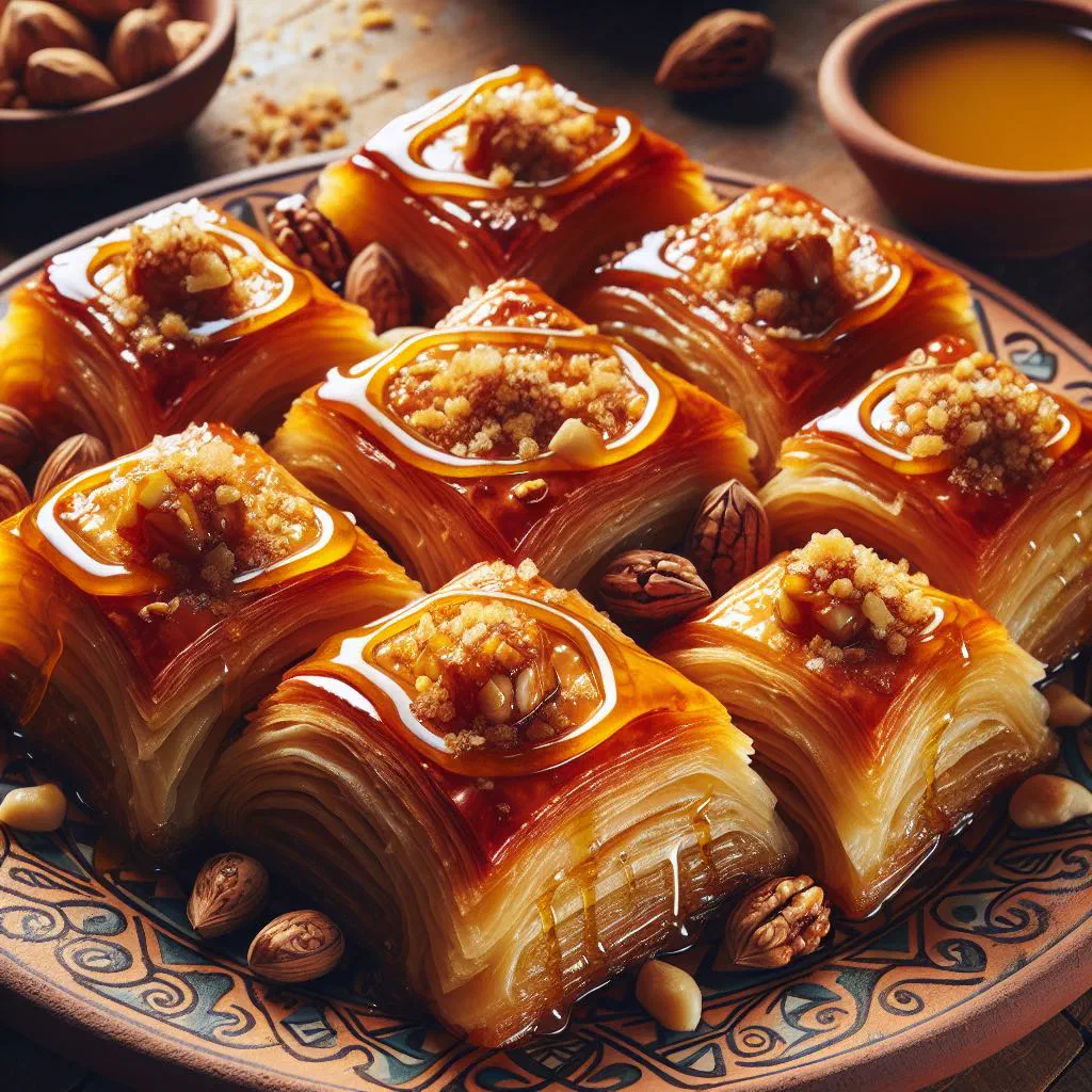 Diamond-cut Algerian baklawa layered with nuts and glazed in syrup