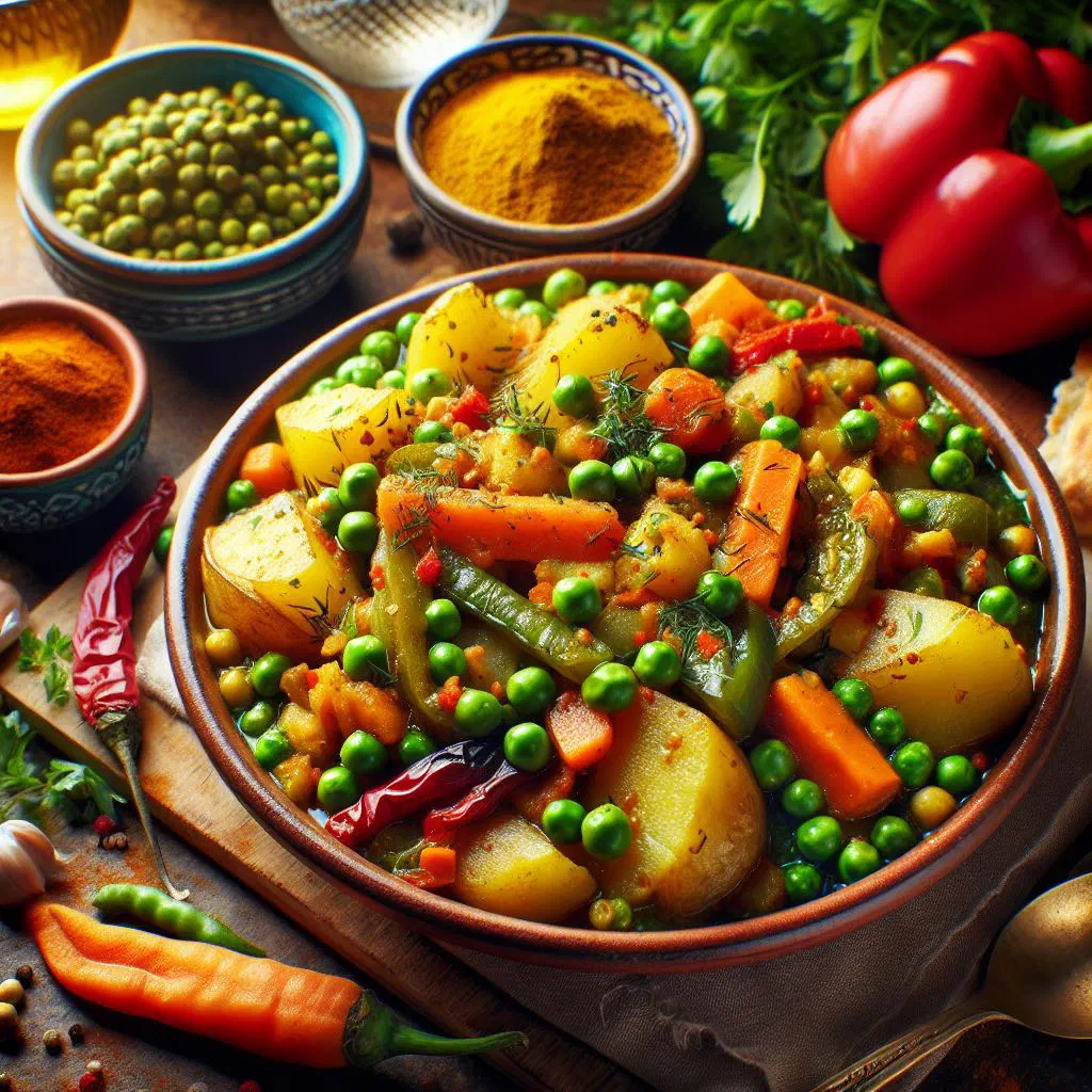 Algerian batata bel khodra with potatoes and colourful vegetables in a pan