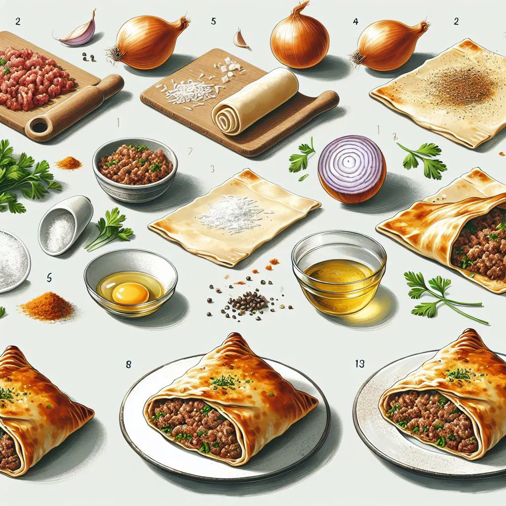 Golden fried bourek pastries filled with spiced minced meat