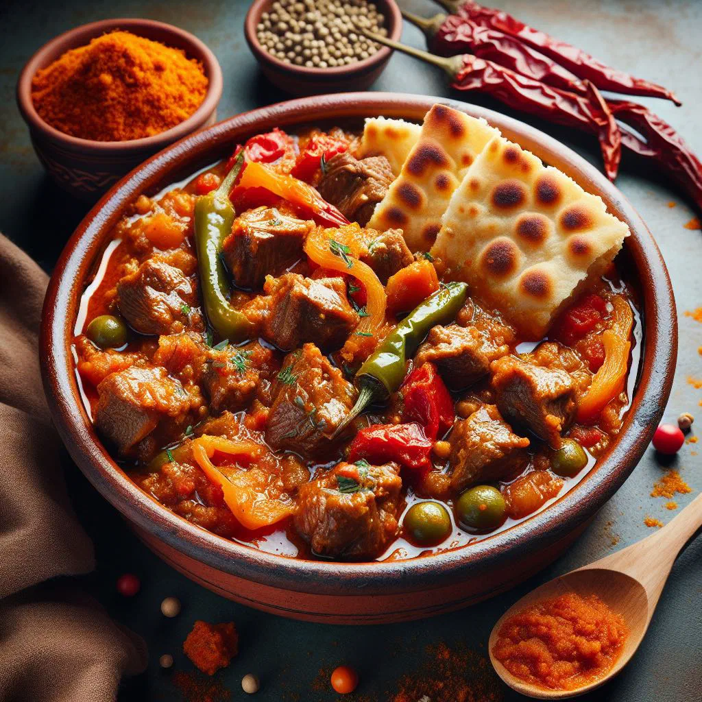 Torn flatbread topped with a spiced meat and vegetable sauce