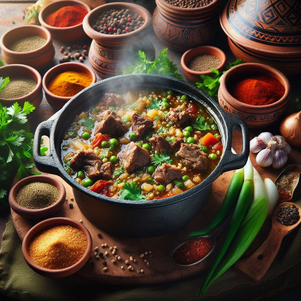 A bowl of Algerian chorba frik with lamb, vegetables and freekeh, garnished with fresh parsley