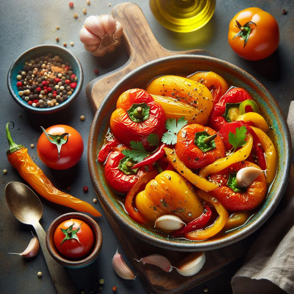 A pan of chouchouka with stewed peppers, tomatoes and onions garnished with fresh herbs