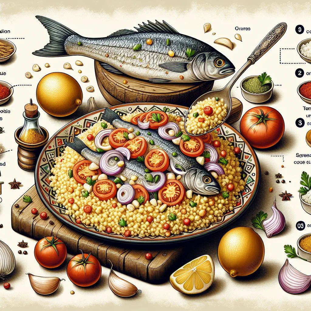Steamed couscous topped with fish fillets and simmered vegetables