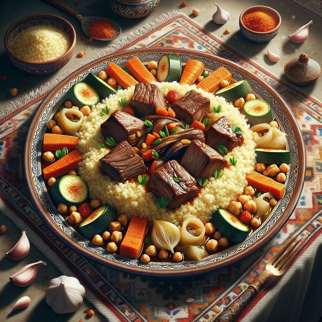 Fluffy couscous topped with tender lamb, carrots and courgette
