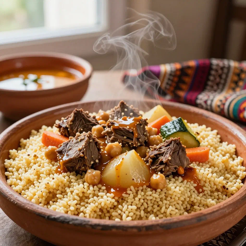 Fluffy Algerian couscous with vegetables and chickpeas in a bowl