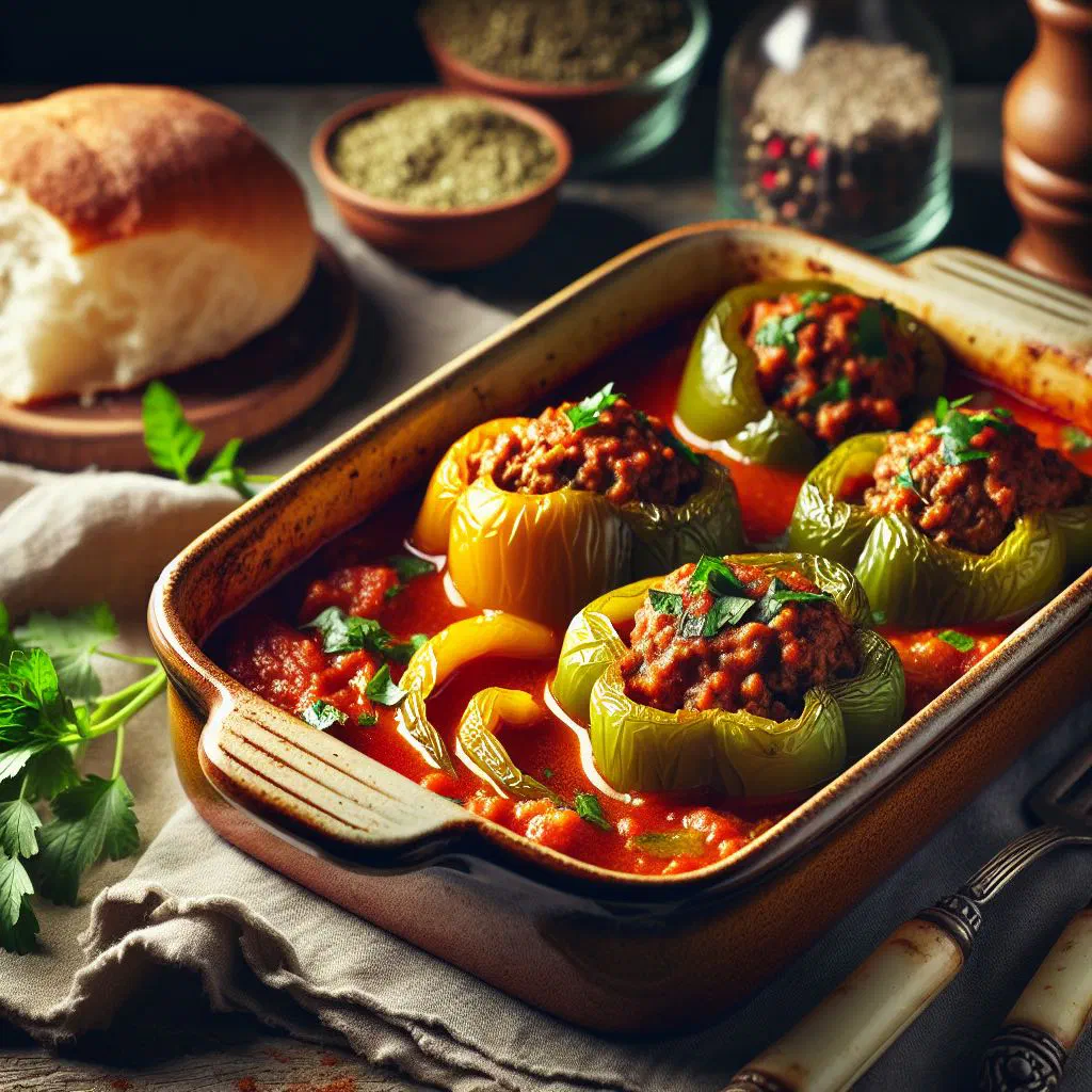 Red peppers stuffed with spiced minced meat in tomato sauce, garnished with parsley