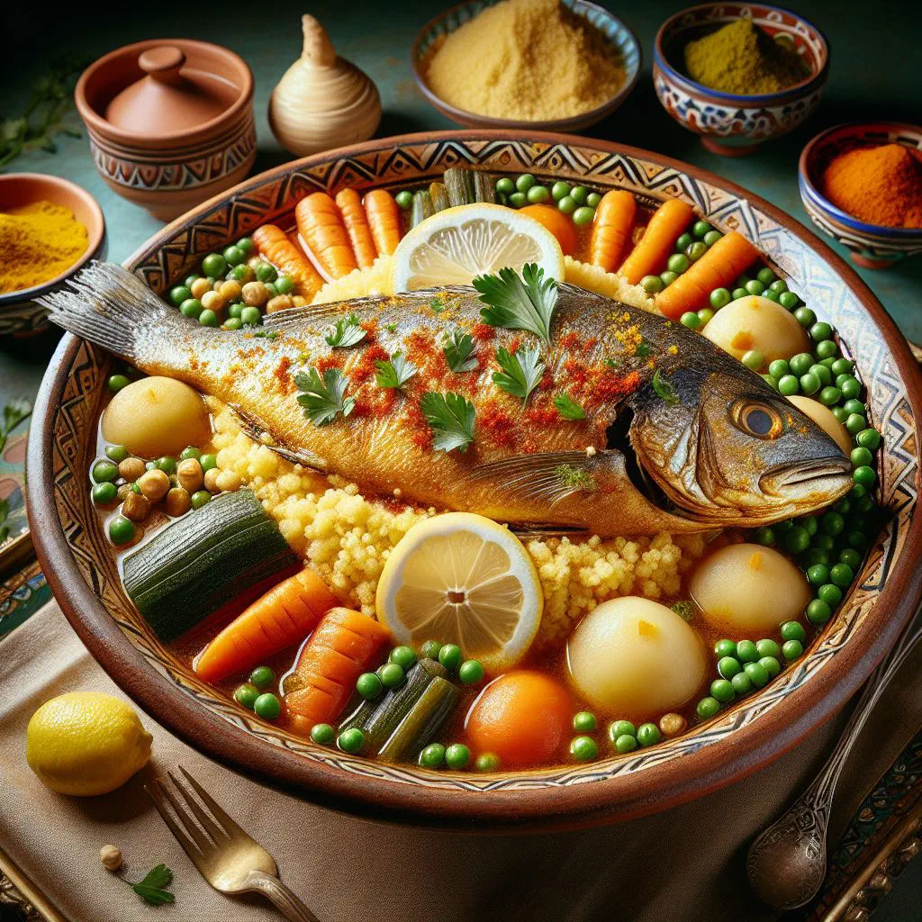 Fish couscous with fresh fish, colourful vegetables and herbs