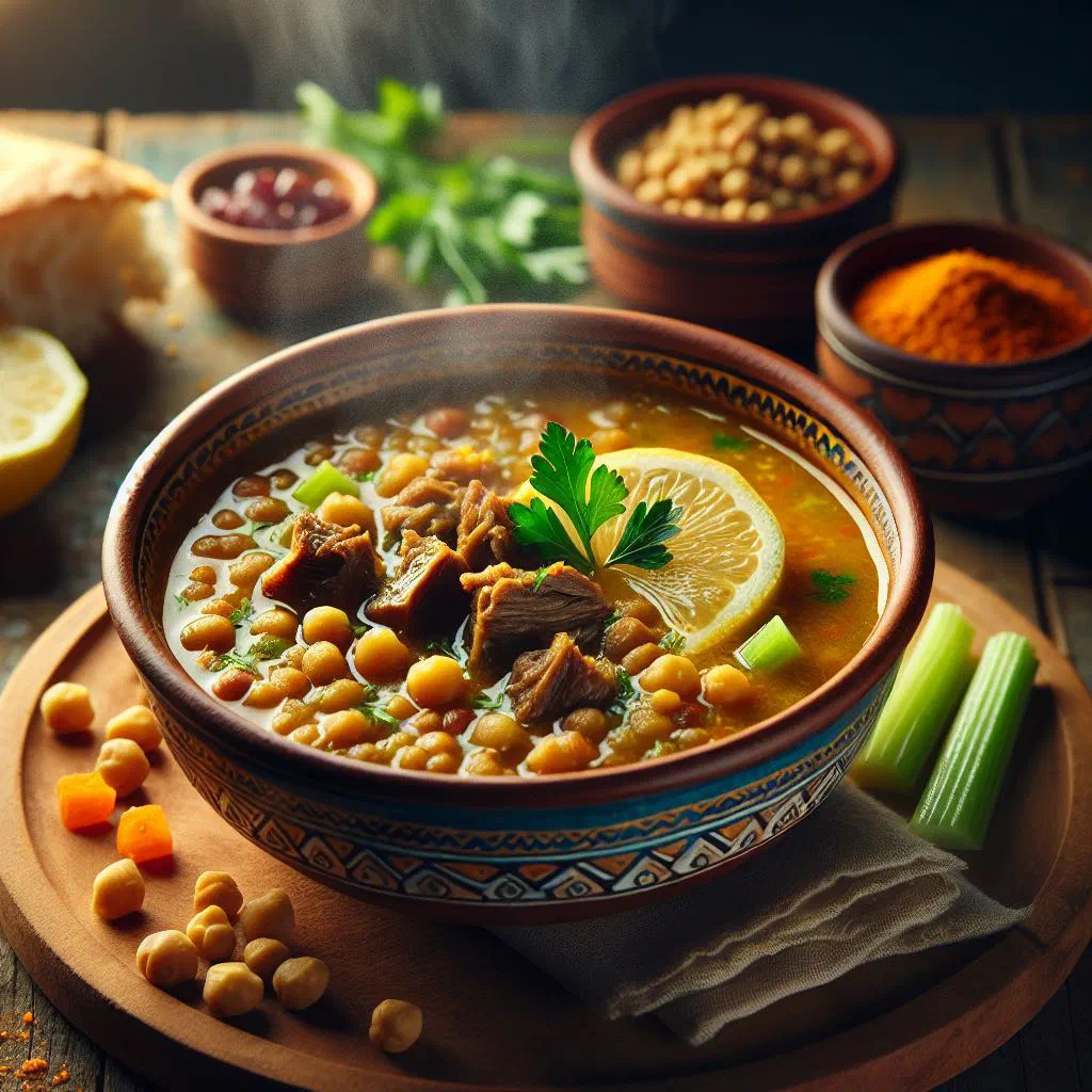 Bowl of Algerian harira soup with lentils, chickpeas and fresh herbs