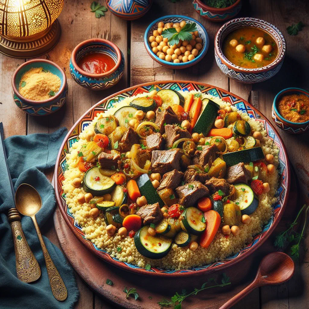 Helhal couscous with tender vegetables and lamb on a colourful platter