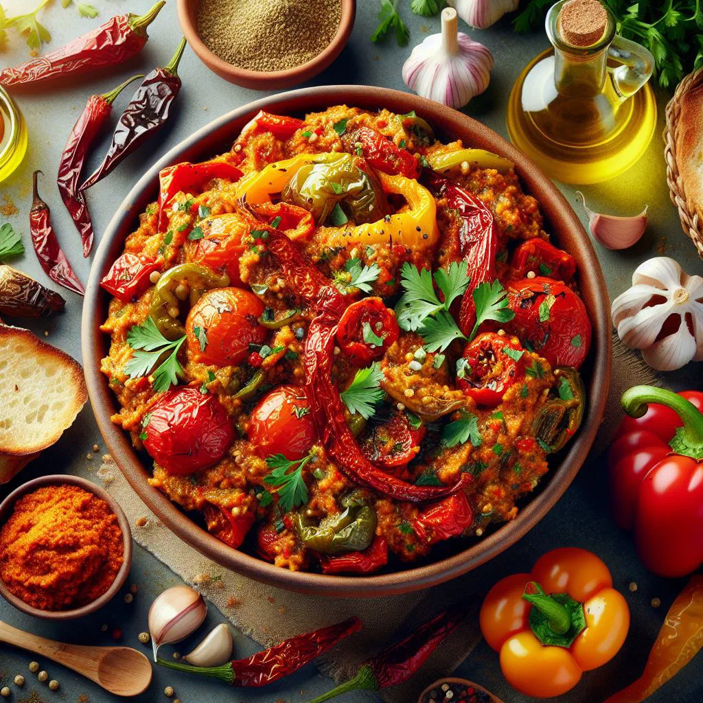Algerian hmiss, a cooked pepper and tomato dip garnished with fresh herbs