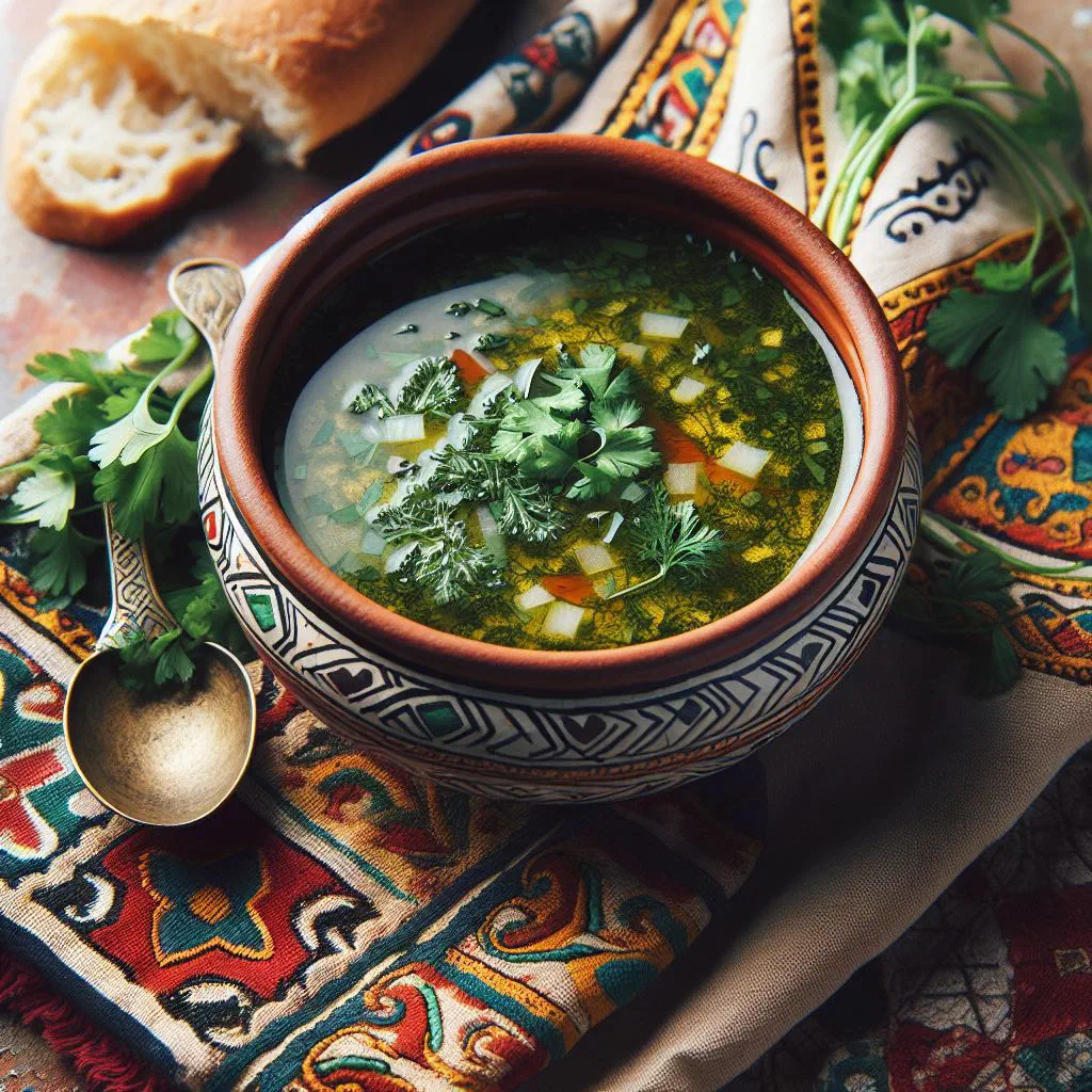 A steaming bowl of Algerian hrira with lentils, chickpeas and fresh coriander