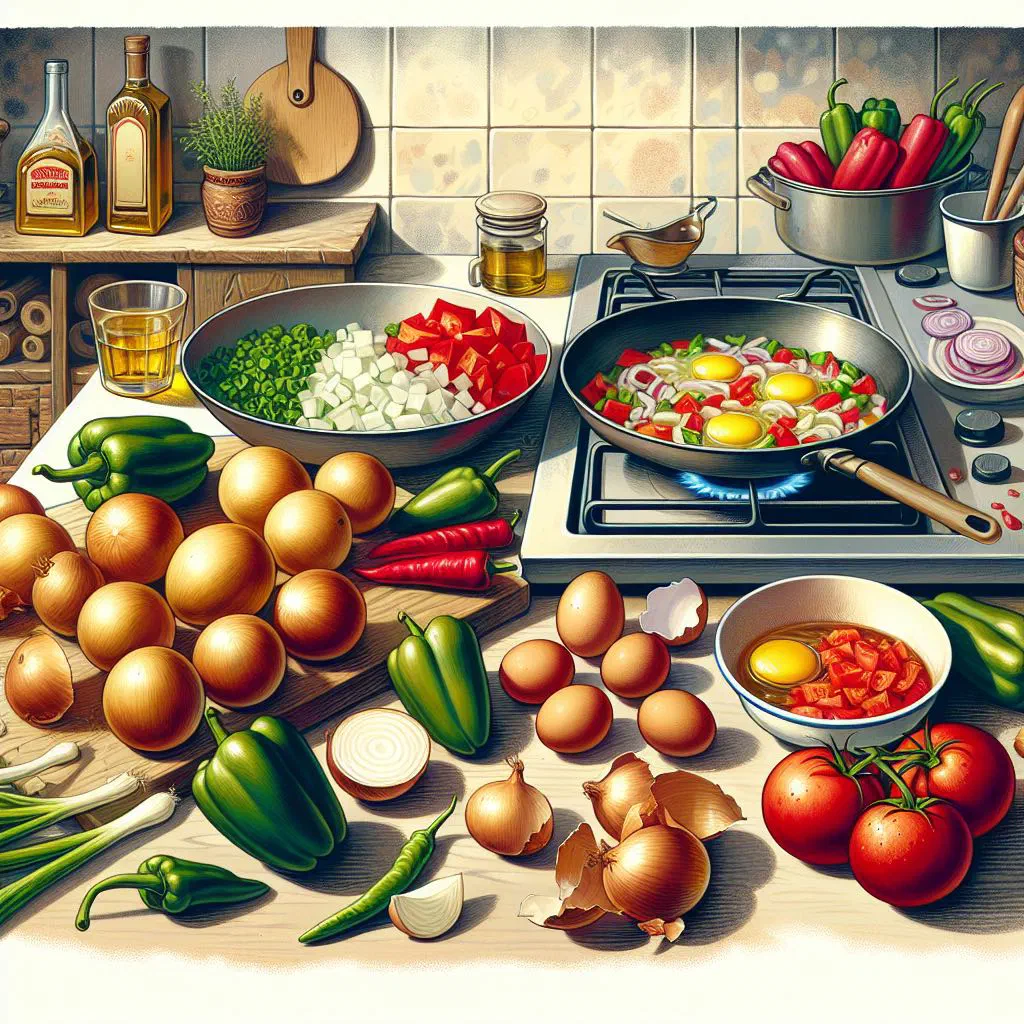 Kafteji of pan-fried vegetables and eggs served on a colourful plate