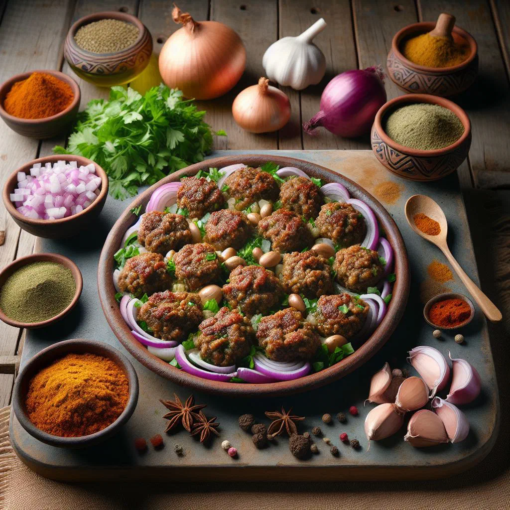 Spiced Algerian kefta meatballs garnished with fresh herbs