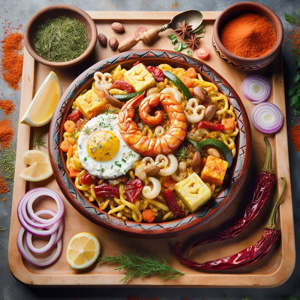 Steamed couscous topped with tender meat and colourful vegetables