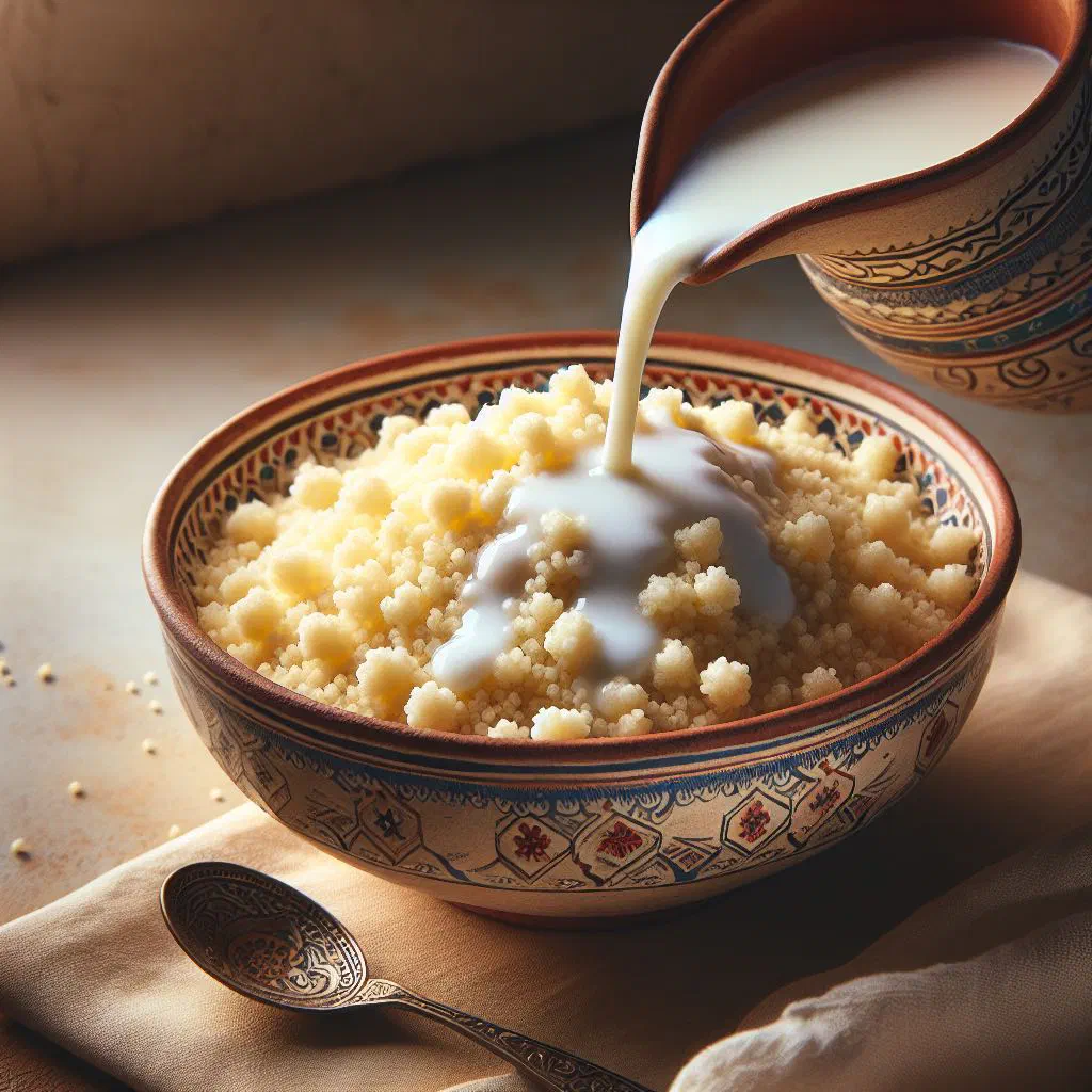 Bowl of couscous in creamy milk topped with dried fruit and nuts