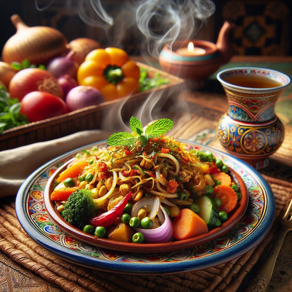 Steamed couscous topped with spiced vegetables on a serving plate