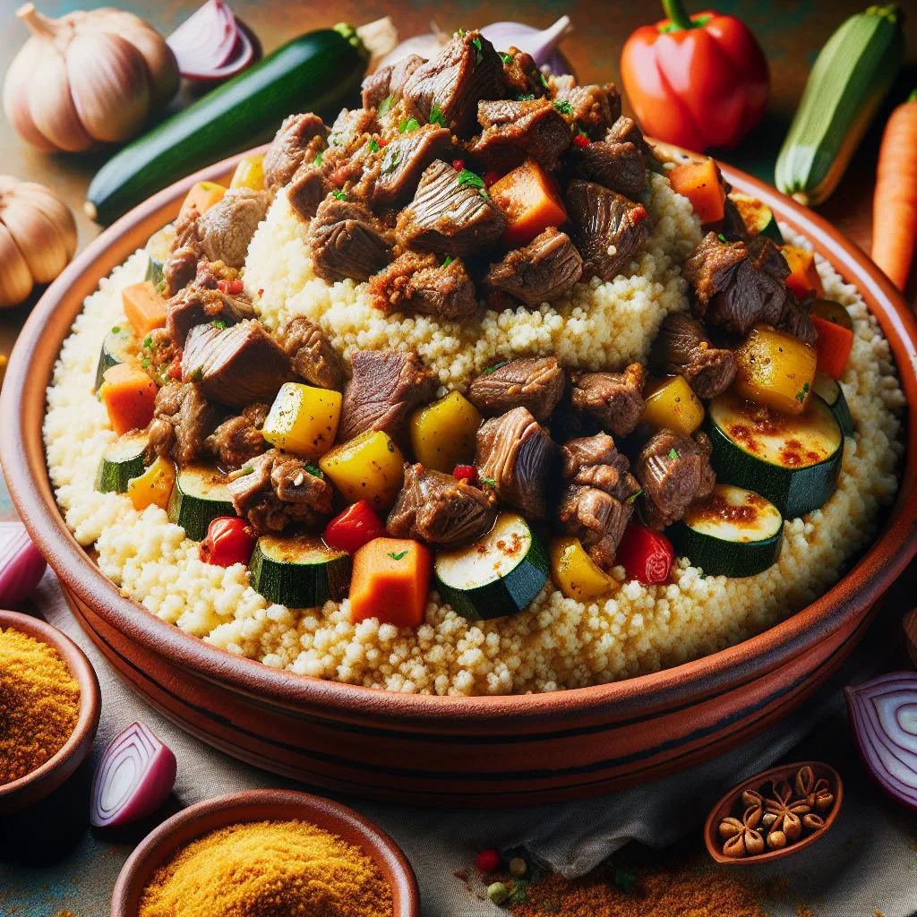 Kouskous bel Lham with tender lamb and vegetables over fluffy couscous