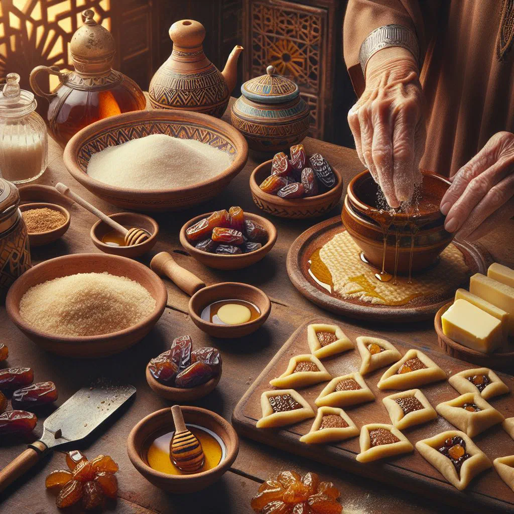 Diamond-shaped makroud pastries filled with dates and glazed with honey