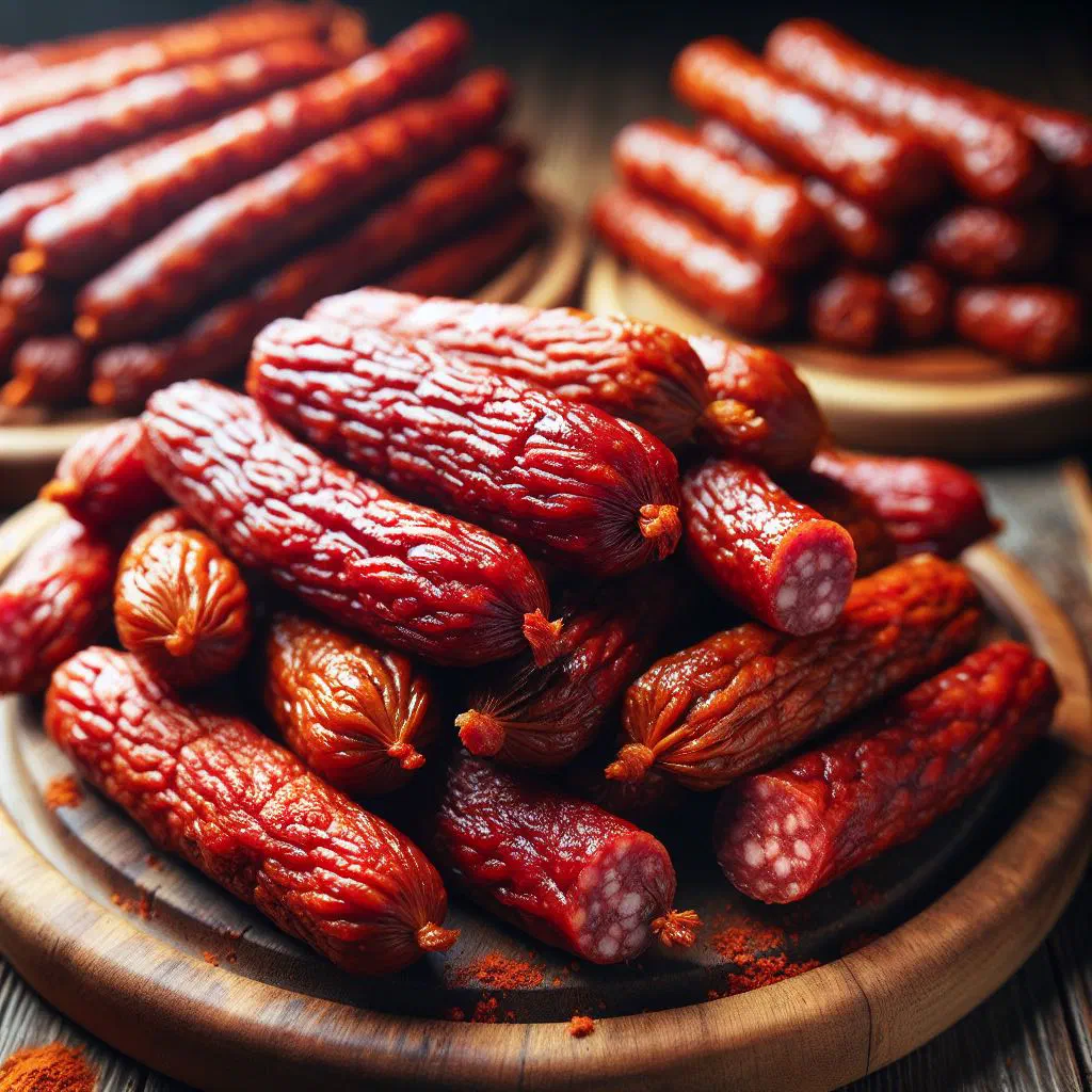 Spicy red merguez sausages grilled and served with fresh herbs