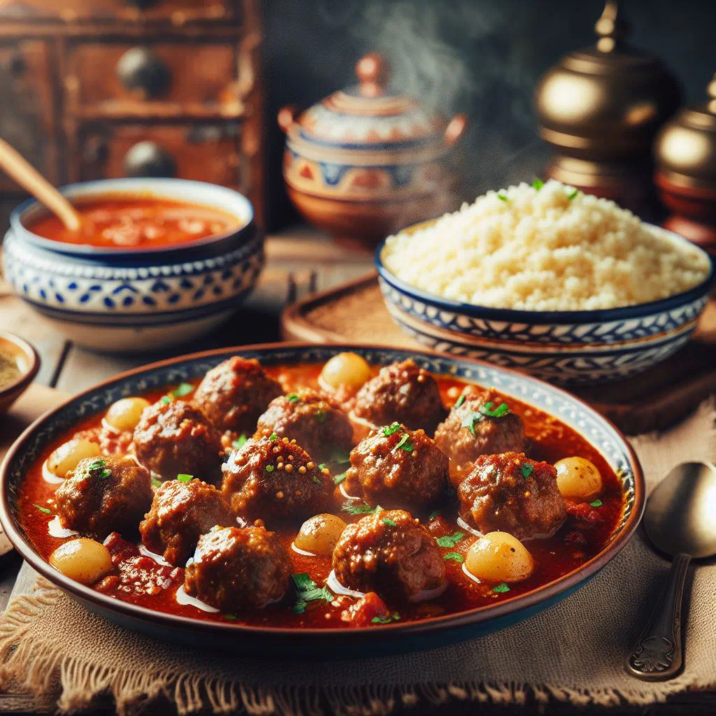 Mtewem with tender spiced meat served over fluffy rice and fresh herbs