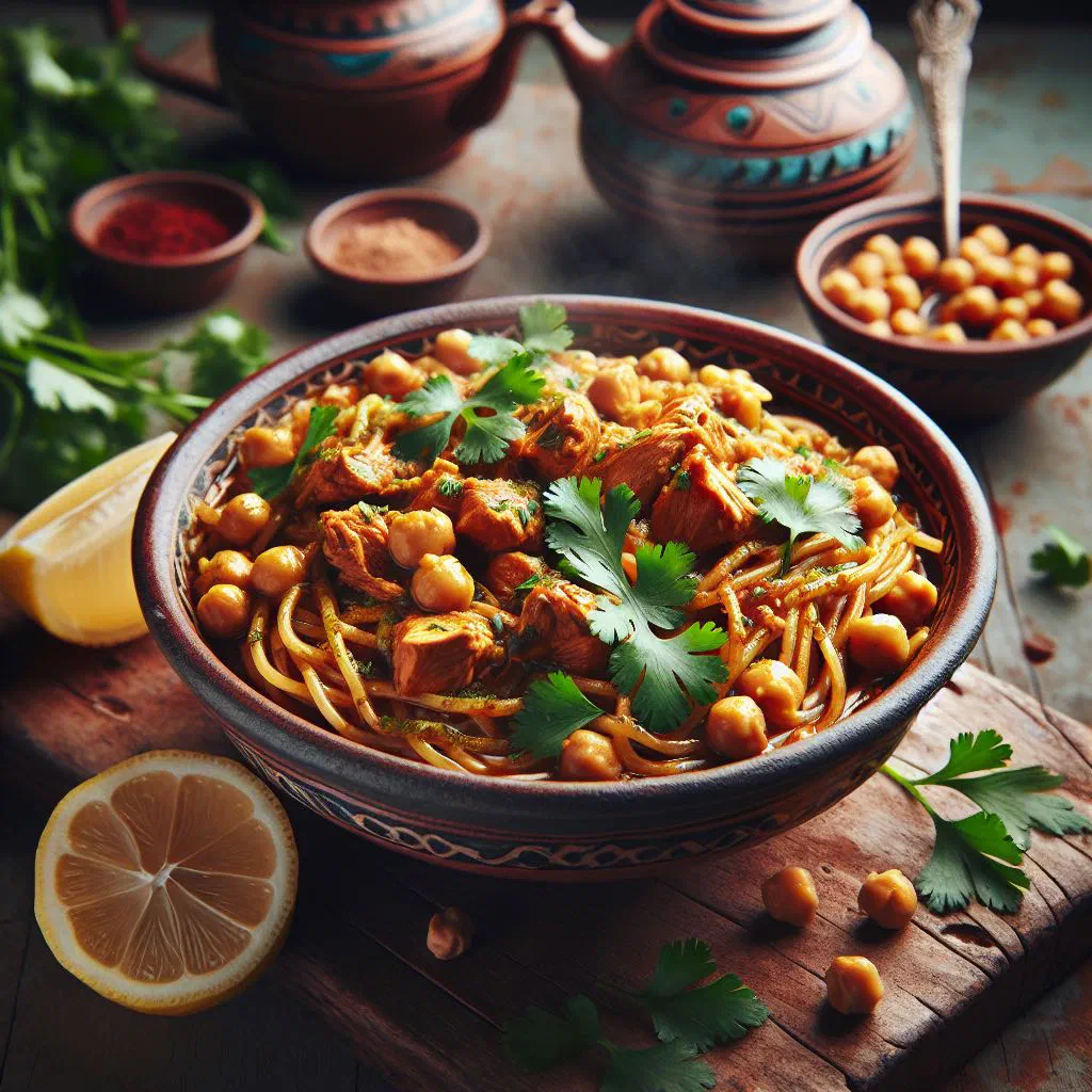 Bowl of Rechta with fine noodles, tender meat and fresh herbs