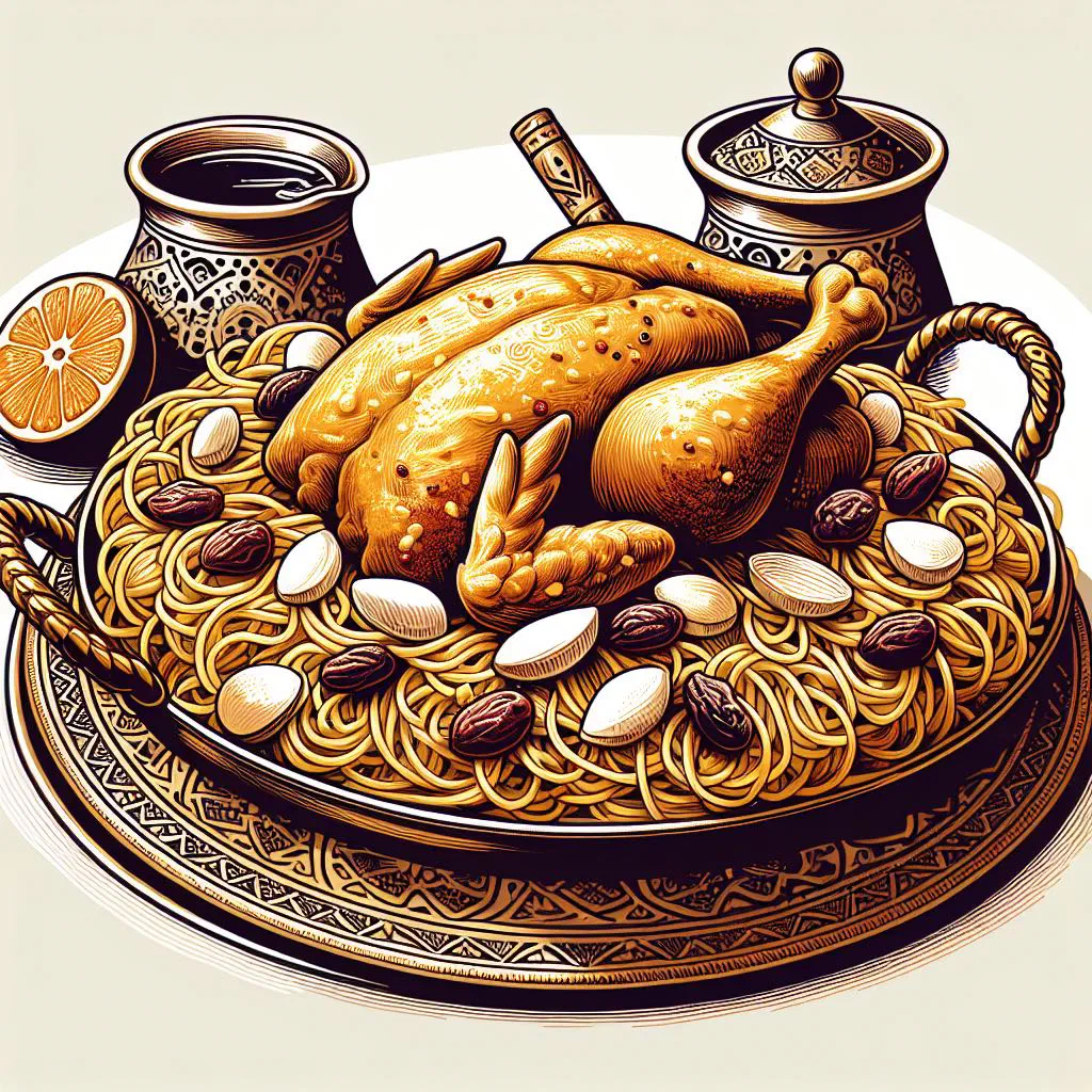 Steamed semolina topped with spiced chicken, raisins and almonds