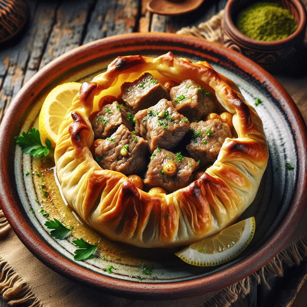 Bowl of Algerian sfiria, a spiced lamb stew served with fresh bread