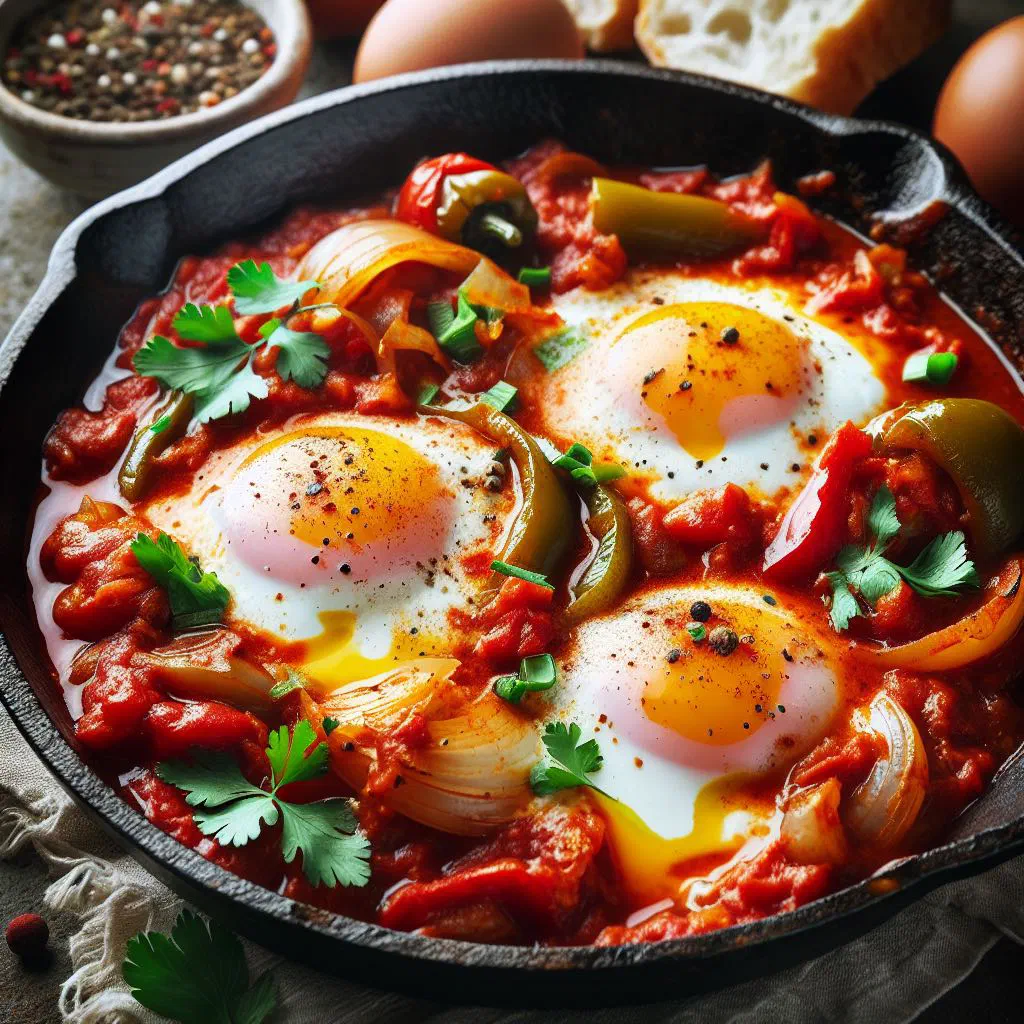 Shakshouka with poached eggs in a spiced tomato sauce, garnished with fresh herbs