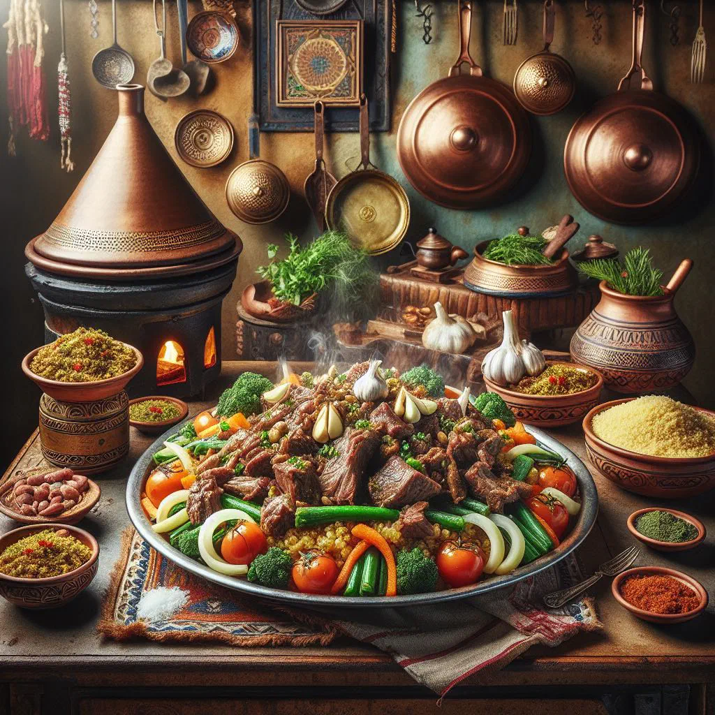 Bowl of T'aam b'l-hchim with spiced meat, vegetables and fresh parsley