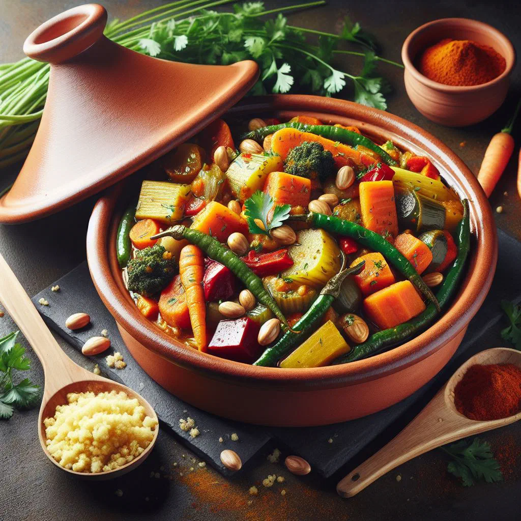 Algerian tagine bel khodra with tender meat and colourful vegetables