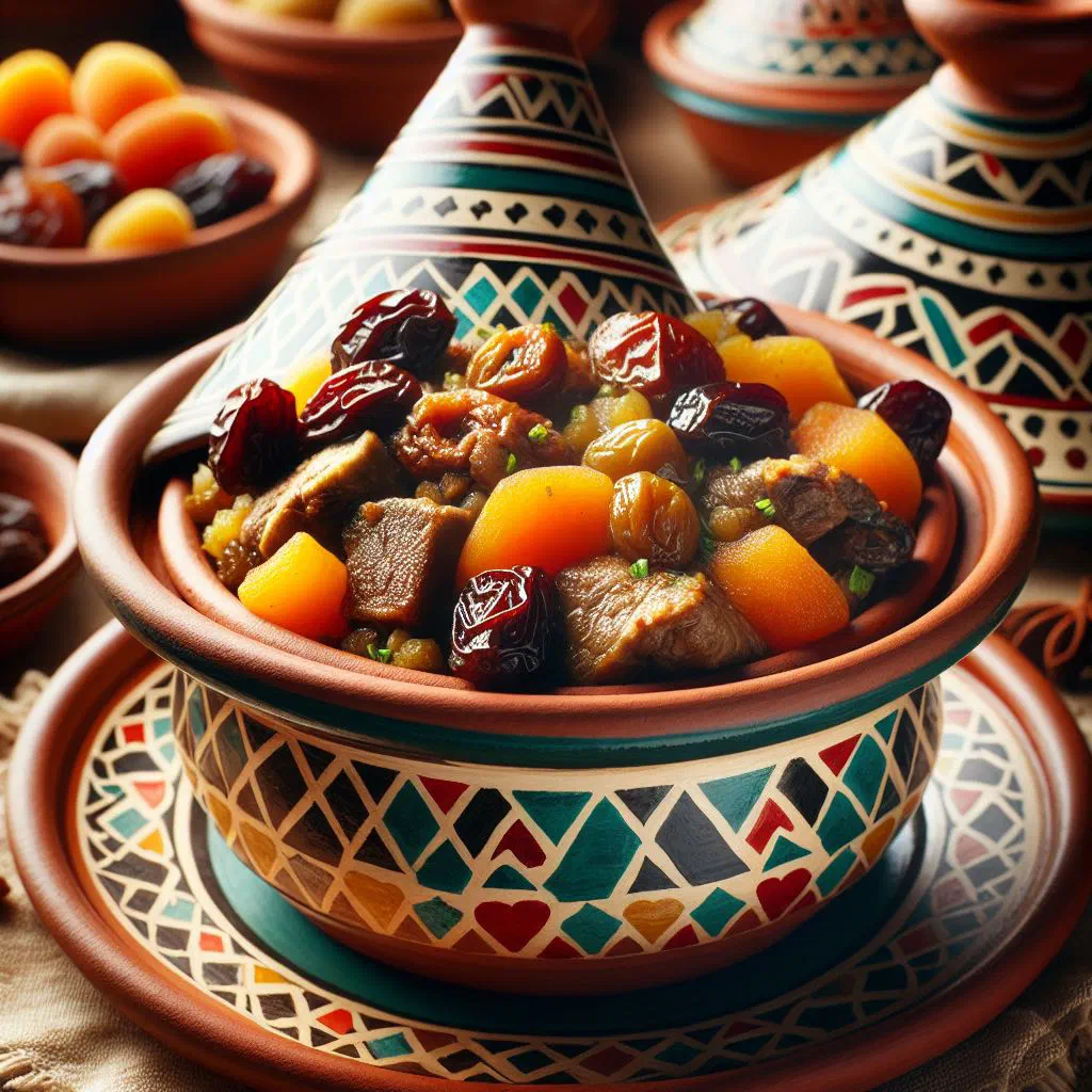 Sweet Algerian lamb tagine with dried fruit garnished with fresh herbs