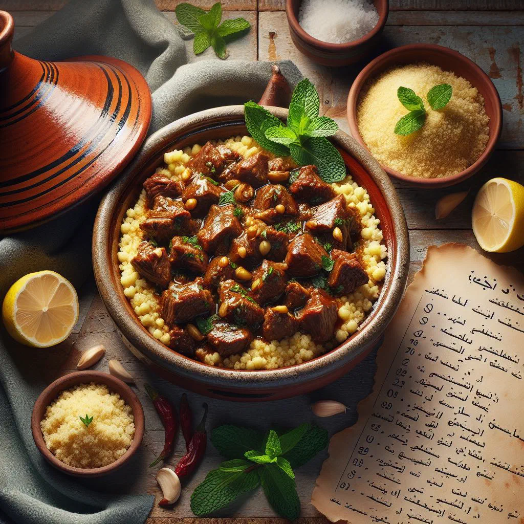 Algerian tajine mtewem with tender meat, vegetables and chickpeas garnished with fresh coriander