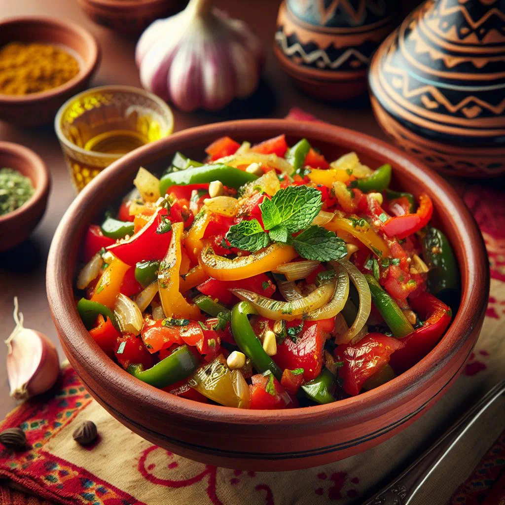 Taktouka, an Algerian dish of roasted red peppers and tomatoes garnished with fresh herbs