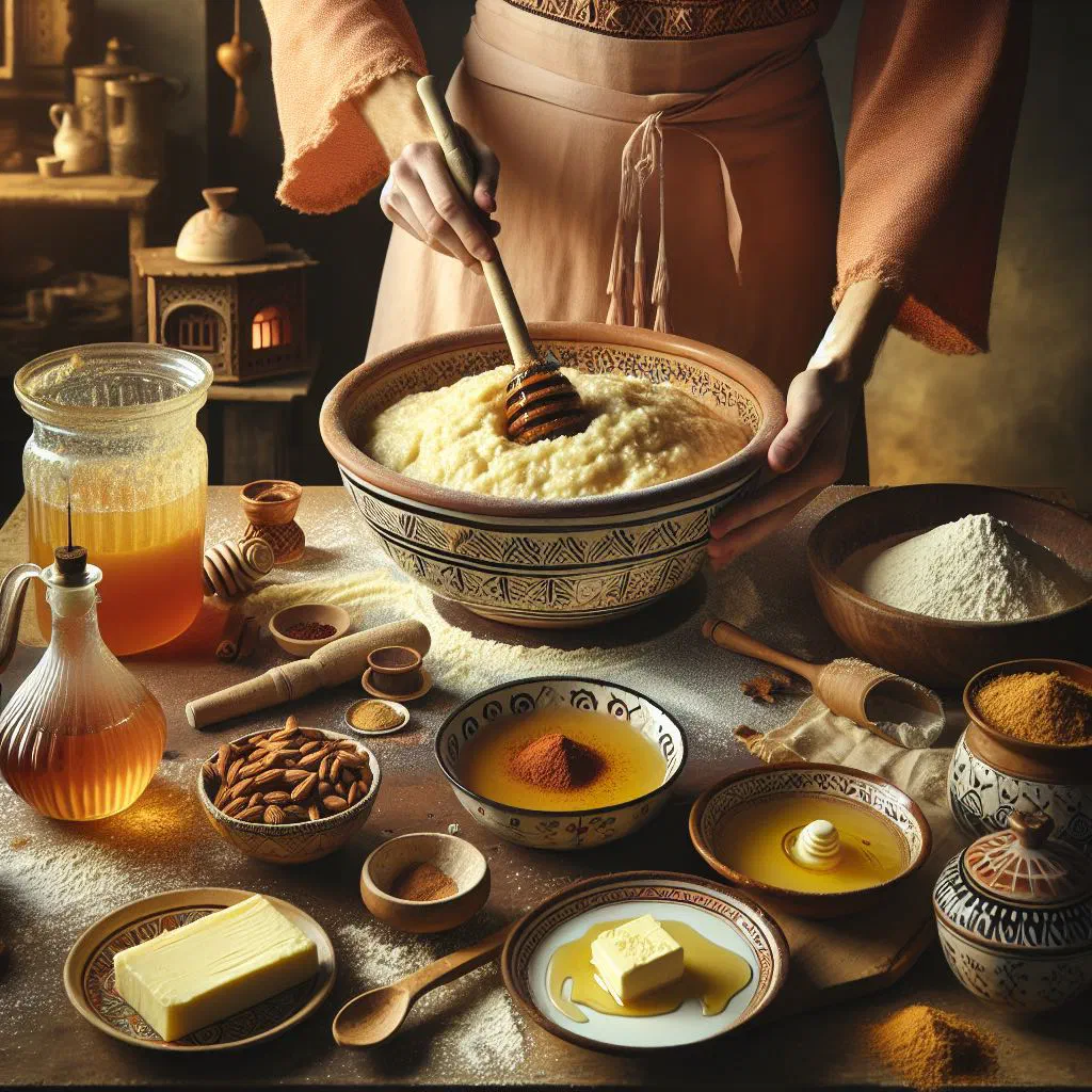 Bowl of Algerian tamina made with toasted semolina, dates and butter