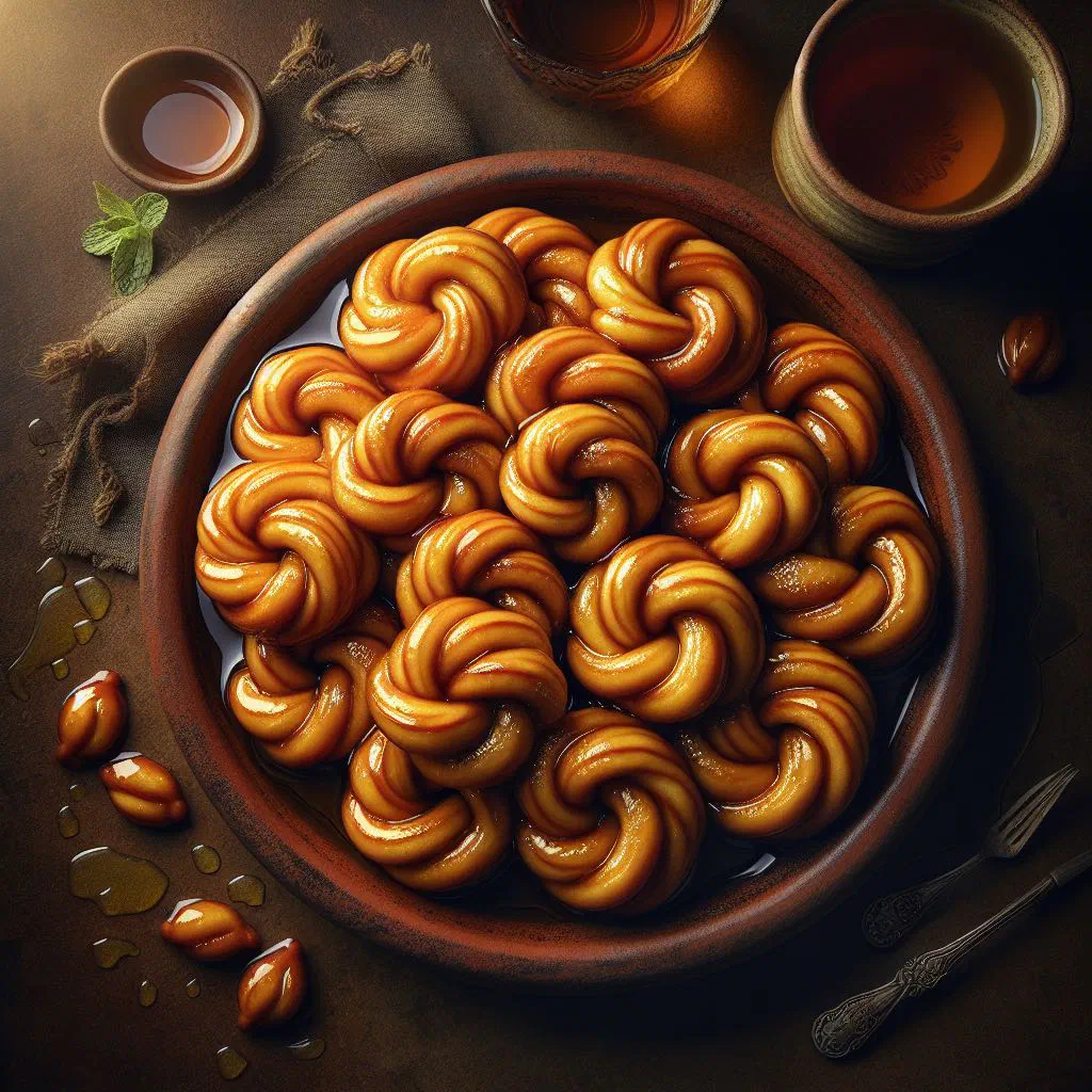 Golden fried zlabiya coils glazed with sweet syrup on a serving plate