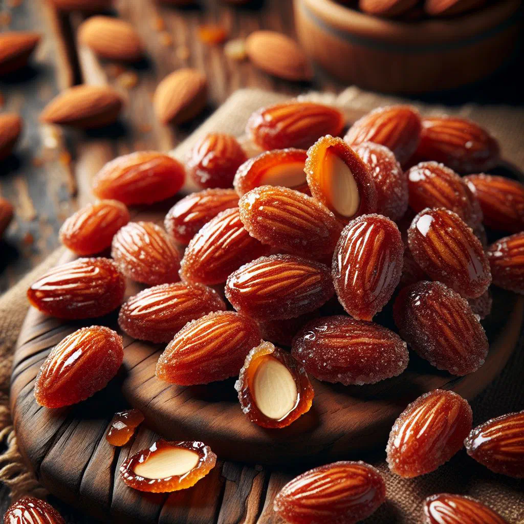Glossy caramelised almonds cooling on baking paper