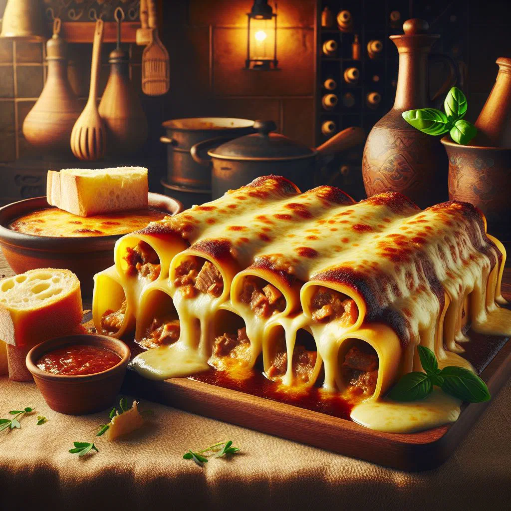Baked canelons in béchamel sauce with a golden cheese crust